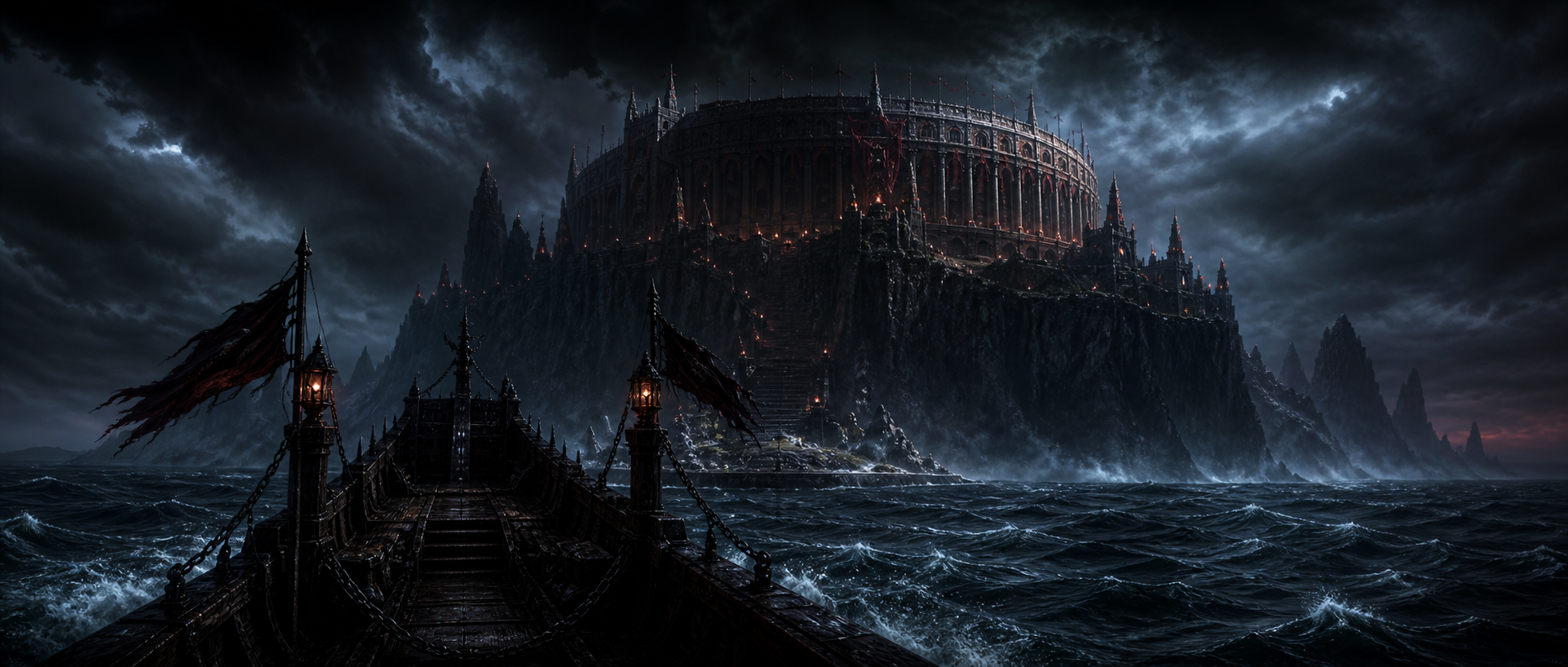 A dark boat crosses the ocean toward Hanging Neck Island and its massive coliseum.