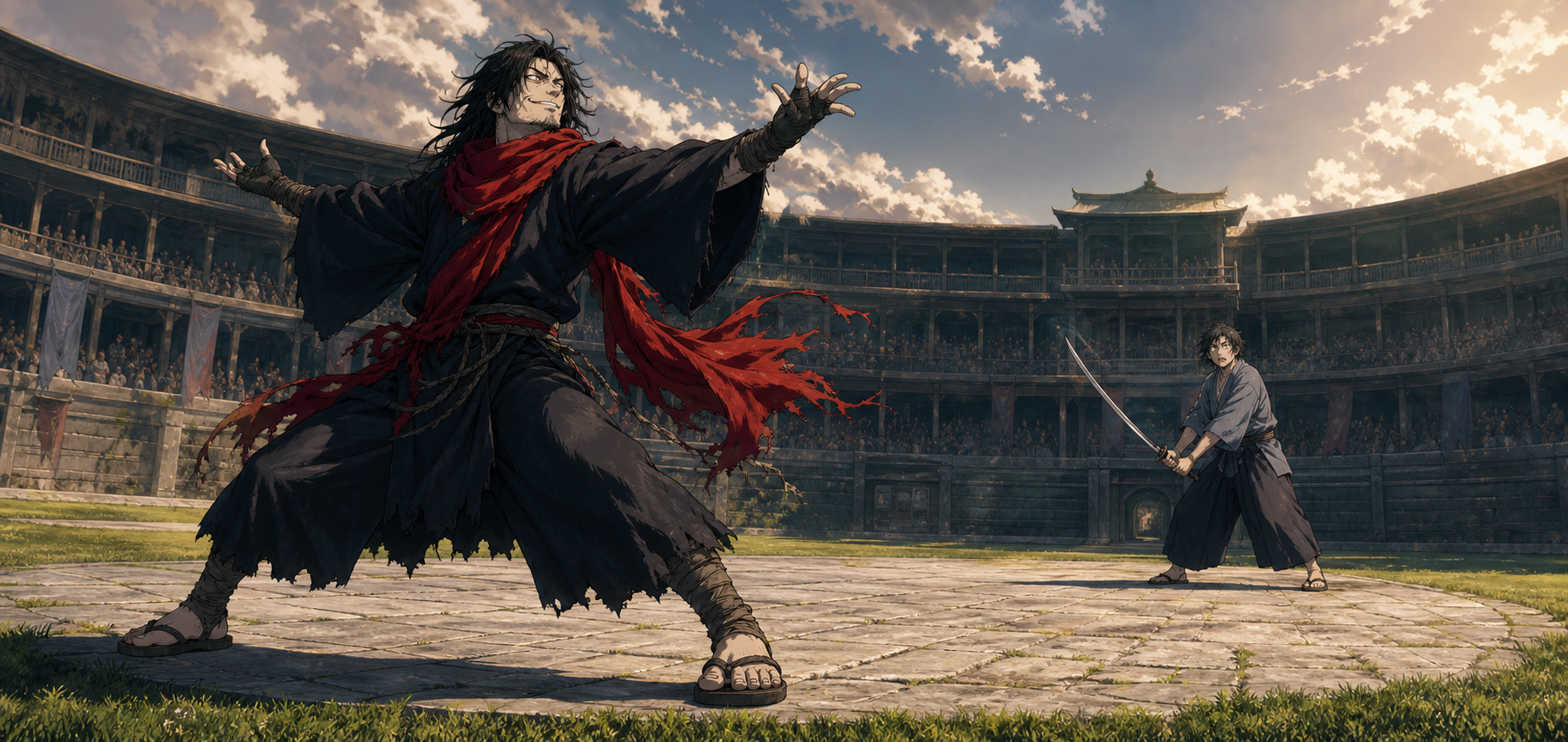 A red-scarved dark monk challenges a nervous swordsman on a stone arena platform.