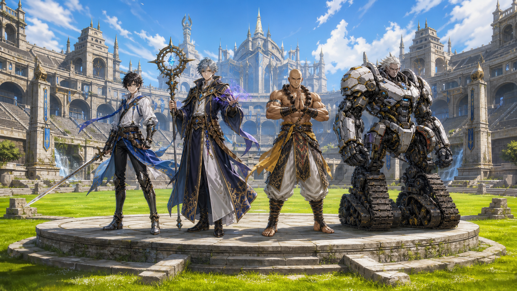 Four warriors stand together on the raised stone platform of Leviathan Stadium, surrounded by its bright green field.